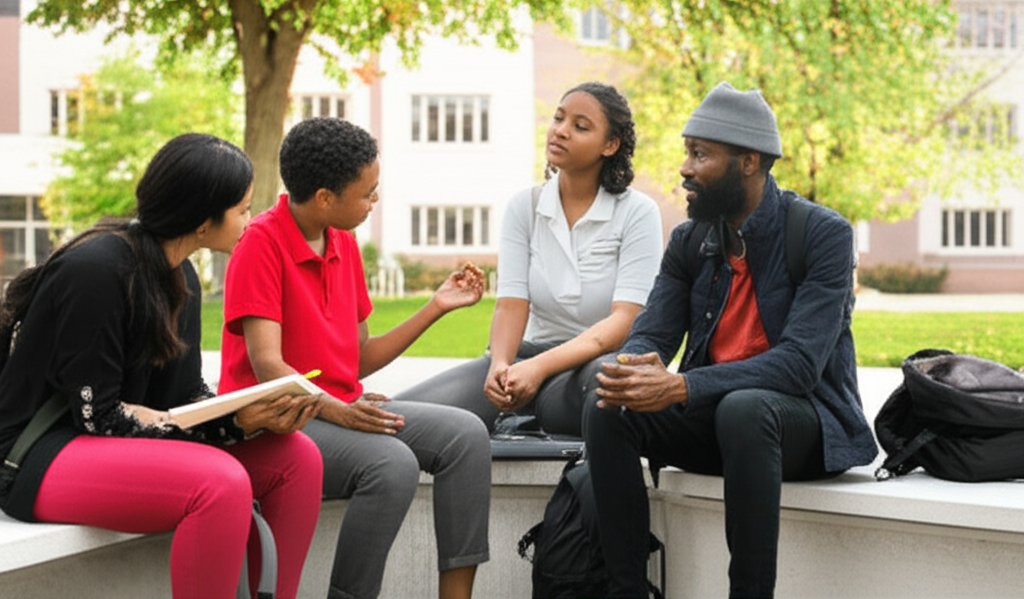 Diverse group of college students discussing philosophy and secular topics