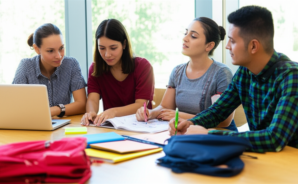 Diverse group of college students studying together in a modern library