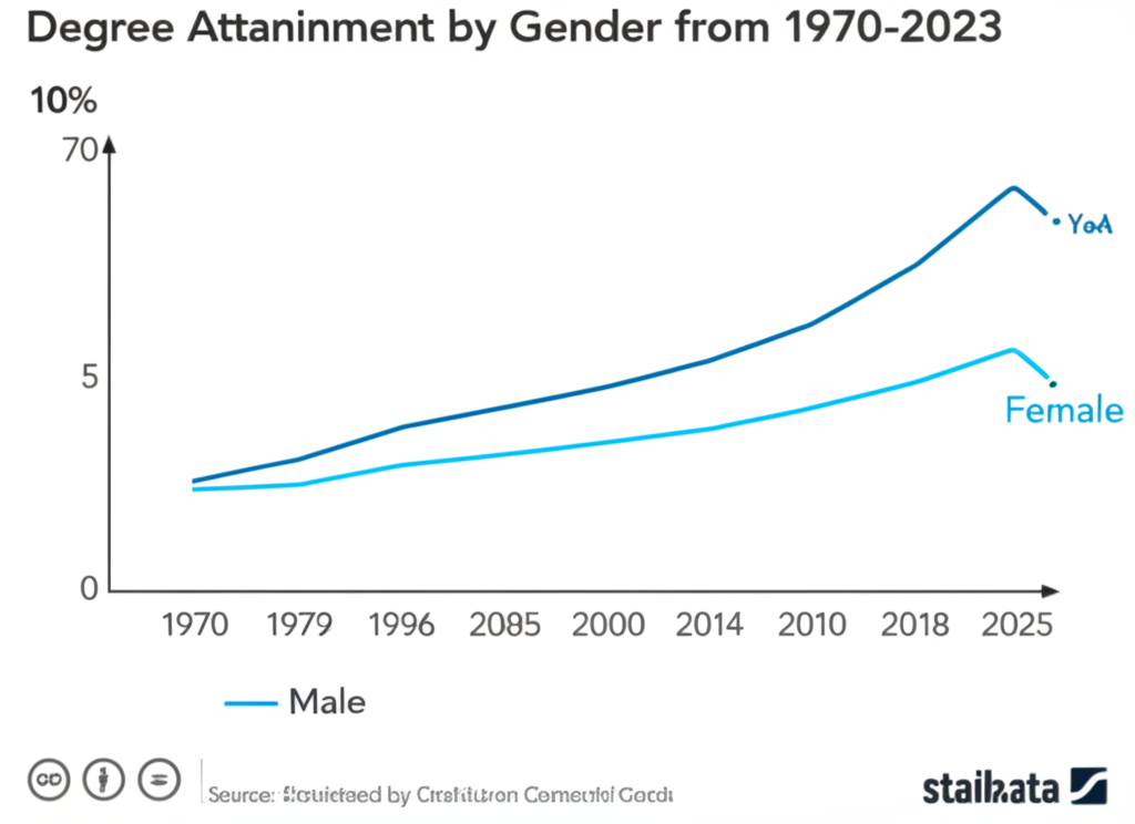 Line chart showing degree attainment trends by gender from 1970-2023
