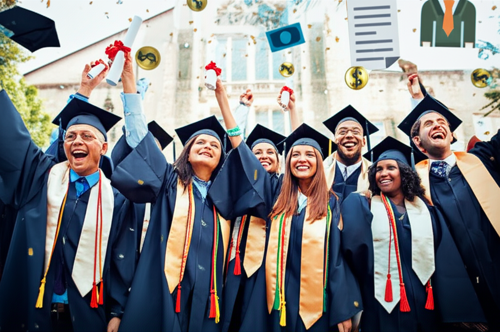 Diverse group of college graduates in caps and gowns celebrating