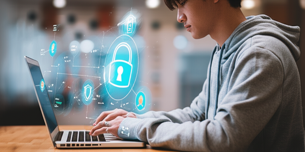 College student working on laptop with security warning symbols overlay