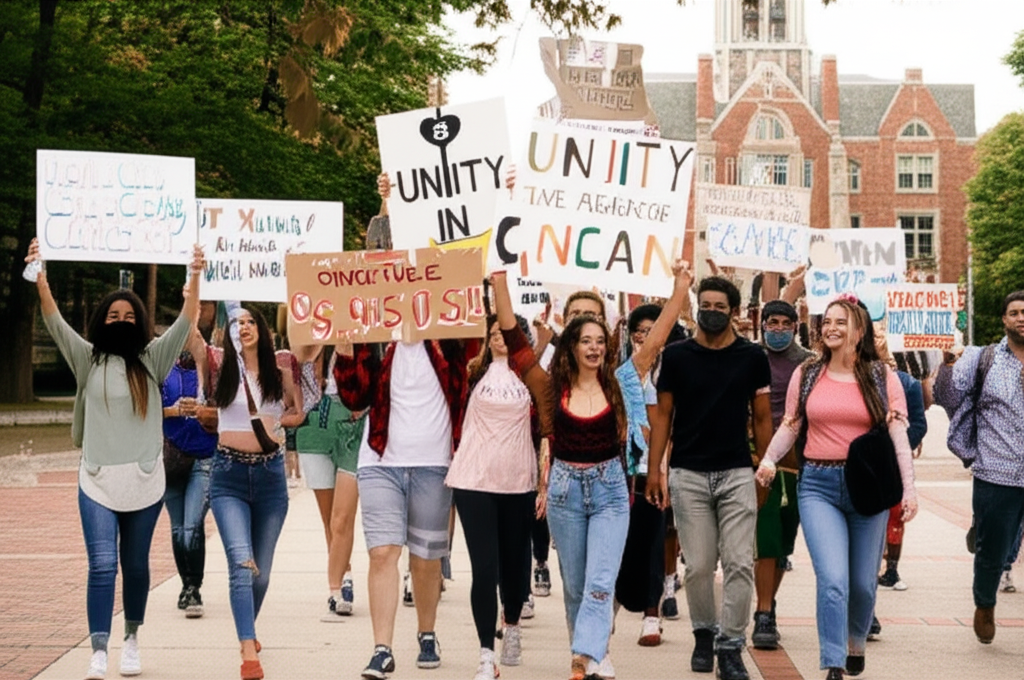Students holding signs at campus demonstration for reproductive rights