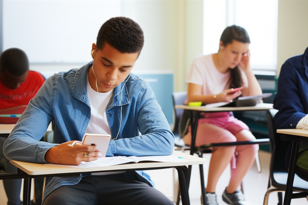 Students using various technological devices in a classroom setting