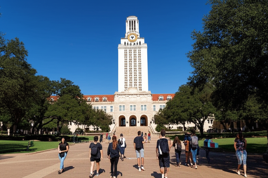 University of Texas at Austin campus with iconic tower and students walking